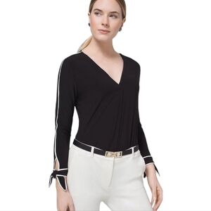 White House Black Market V-Neck Black Blouse with White Accents